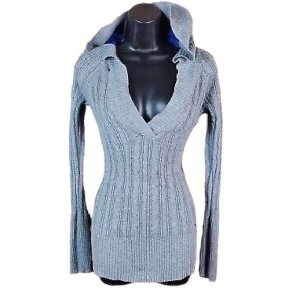 AEO Cable Knit Low V-Neck Hooded Long Fitted Sweater Top or Mini Dress - Picture 3 of 7